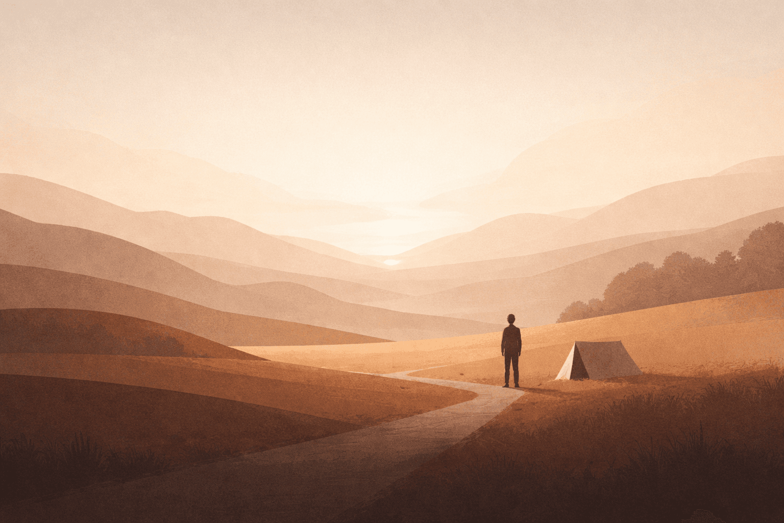 Illustrated placeholder landscape of a person walking along a mountain trail at sunrise.