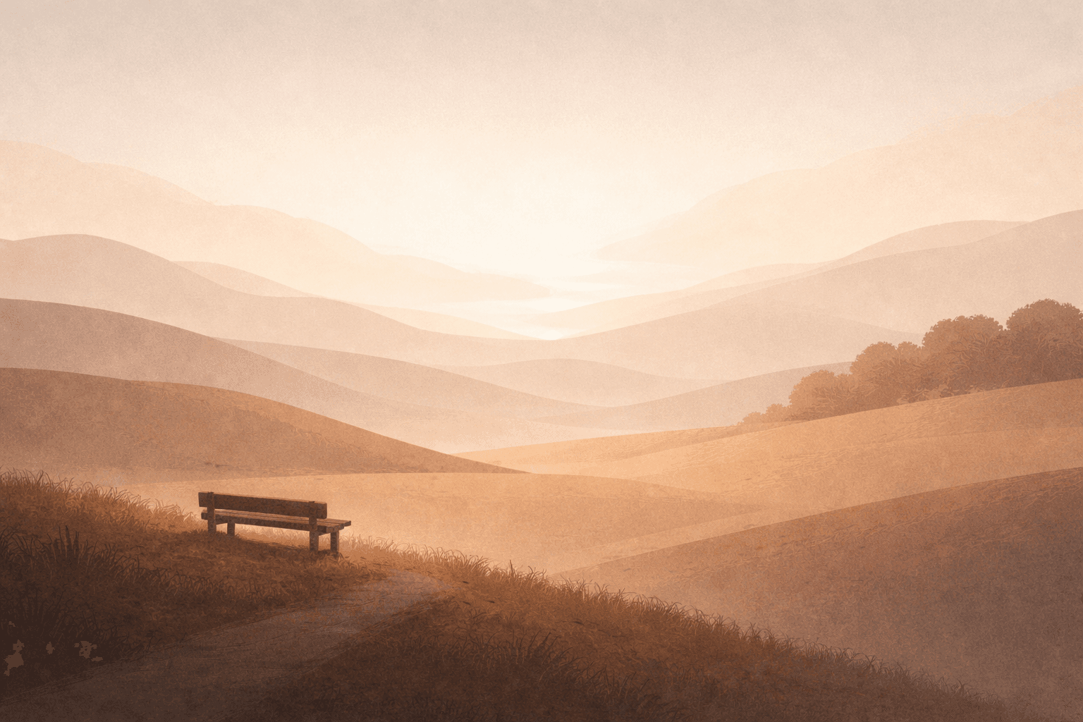 Illustrated placeholder scene of a solitary bench overlooking a quiet valley.